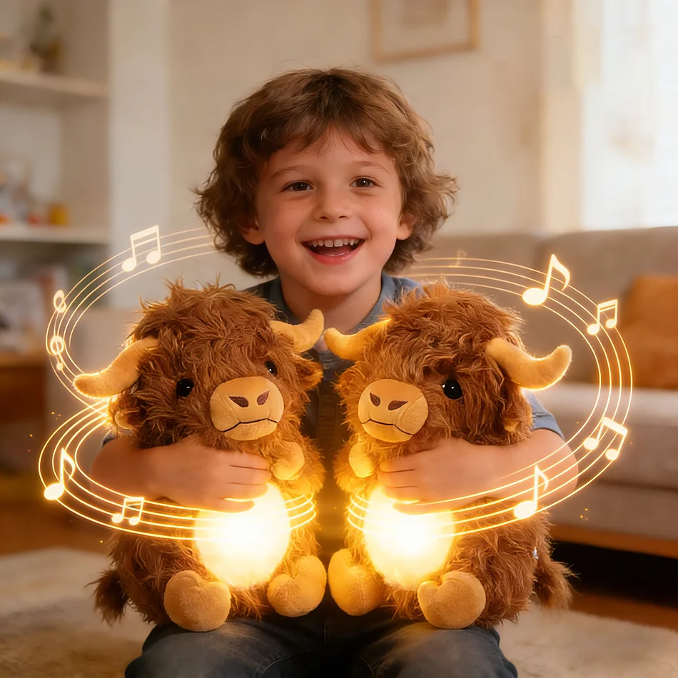 

Плюшевая кукла-имитация шотландской коровы 31 см, милая мягкая игрушка-антистресс, аниме-игрушка с музыкой и подсветкой для сна, подарки, декор для комнаты