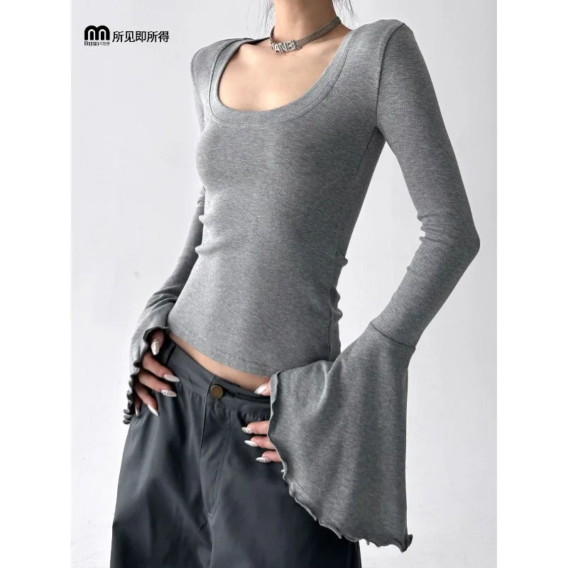 Tops T-shirts Undershirts Women's Autumn Trendy Luxurious Sexy U-neck Bell Sleeves Fitted New Comfortable Minimalist Fashionable