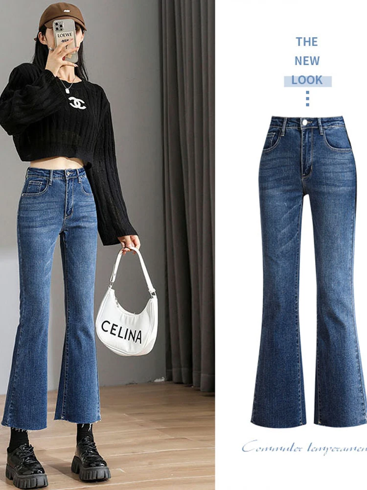 

Flared women jeans y2k ankle length street wear high stretch deep blue women's clothing 2022 latest fashion denim pants Harajuku
