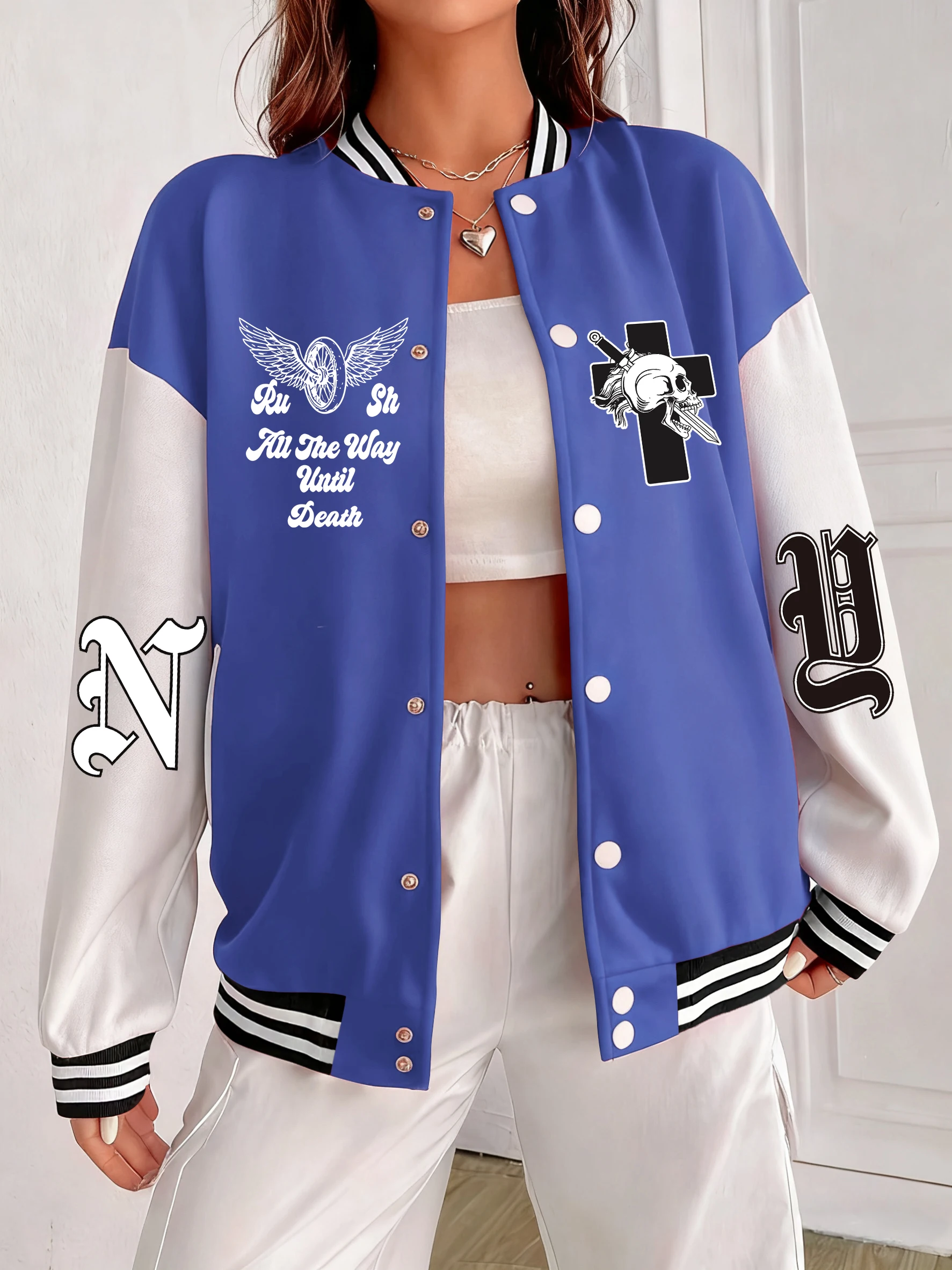 

Уличная одежда с принтом крыльев и черепов, женская свободная бейсбольная форма в стиле хип-хоп, красочная хлопковая куртка, универсальные осенние топы