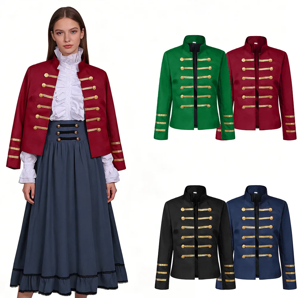 Veste rétro à double boutonnage de style médiéval, col montant, pour femmes, idéale pour les performances sur scène, les gardes d'honneur et les événements militaires.