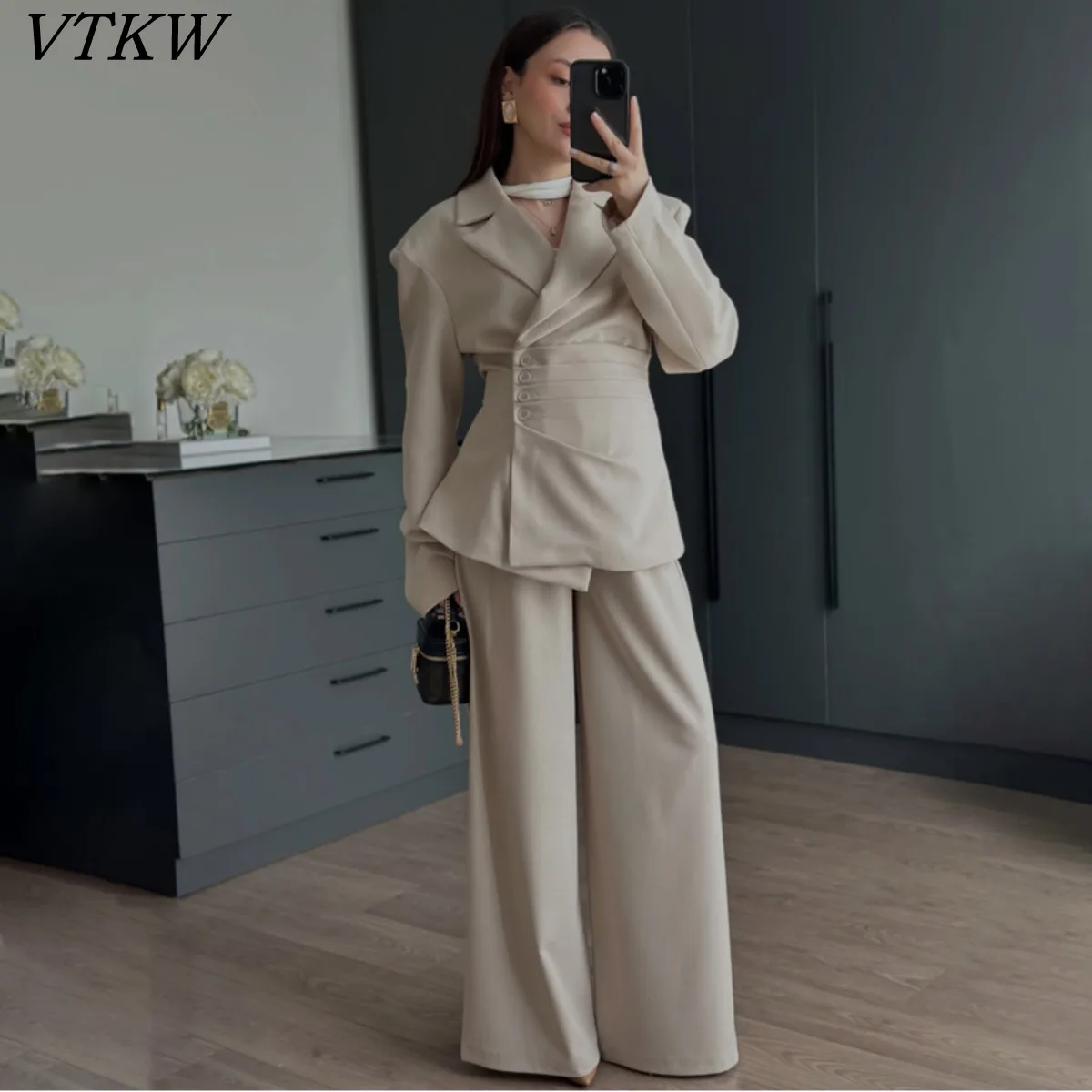 

VTKW 2026 New Arrival Women Beige Two Piece Blazer Set Waist Cinched Wide Leg Pants Office Casual Elegant Workwear