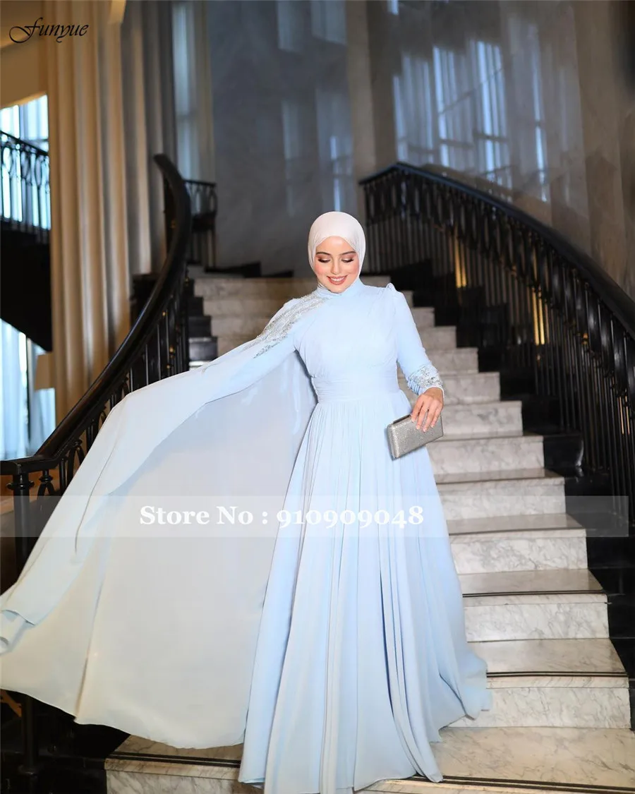 Funyue Elegant Muslim Hijab Evening Gown Sky Blue A-Line Chiffon with Beading Dubai Arabic Wedding Party Dress فساتين السهرة