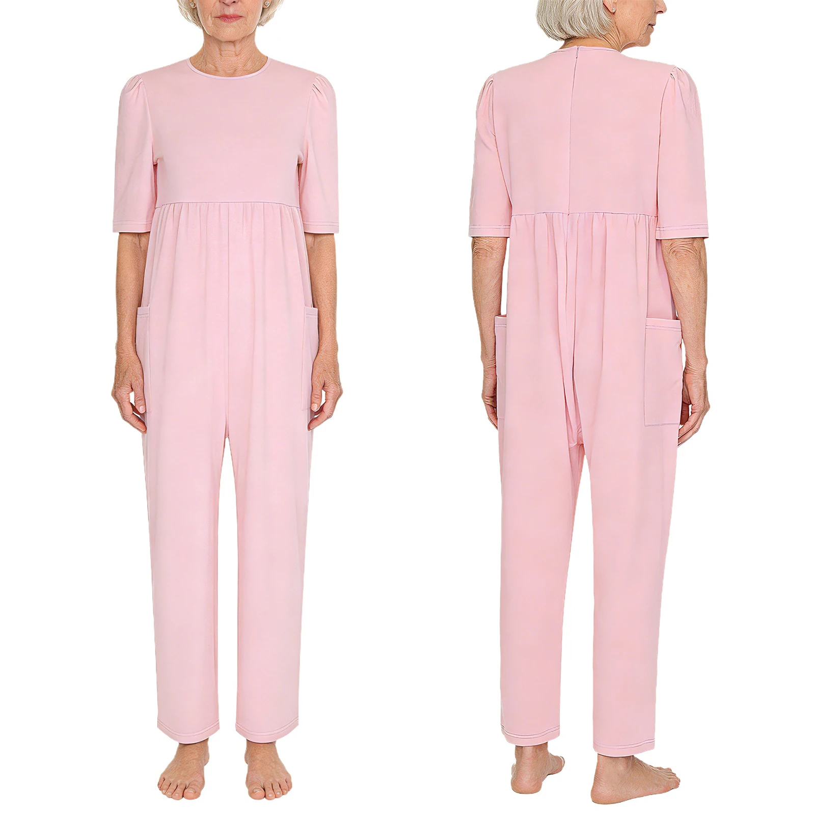 Women Elderly Alzheimer Dementia Special Need Adaptive Clothing Short Sleeve Back Zipper Anti-Strip Jumpsuit Daily Home Wear