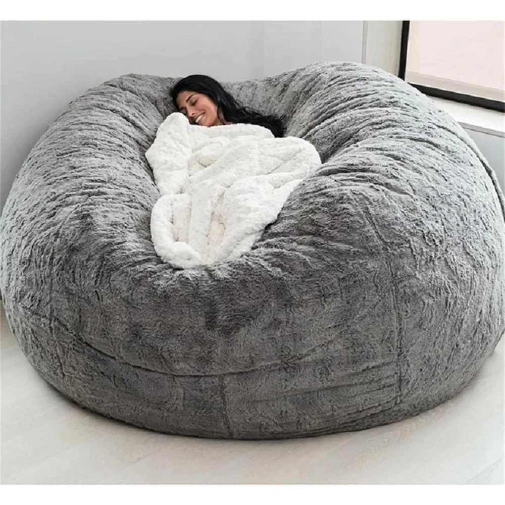 Fur Bean Bag Chair Cover - Large Round Fluffy Faux Fur for Kids and Adults, Empty