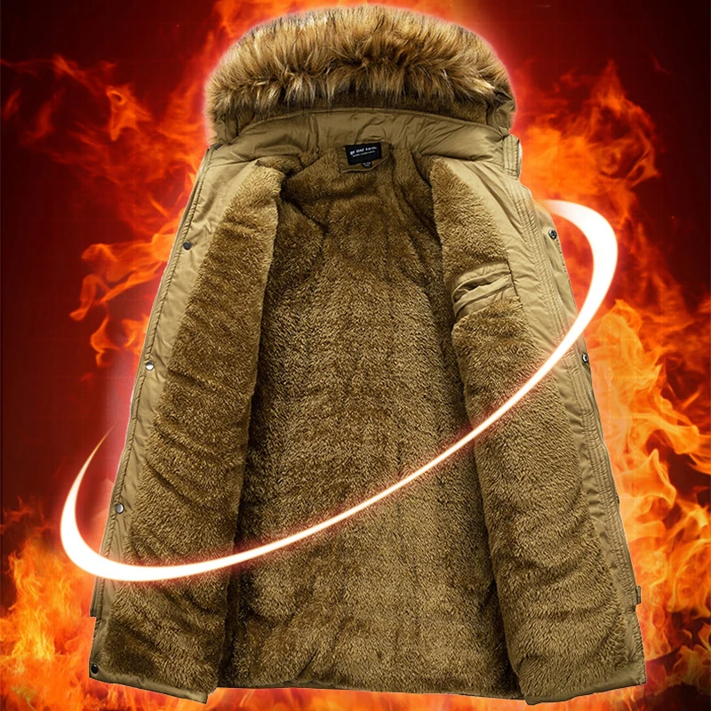 Men Warm Parkas Winter Fleece Thick Fur Collar Long Parka Jacket Mens Fashion Casual Windproof Detachable Hat Jackets Coat Male