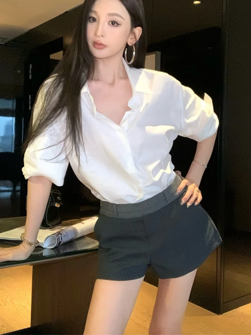 Alien Kitty 레트로 슬림 셔츠 여성 미니멀리스트 Office 레이디 하이 웨이스트 스트리트웨어 반바지 Daily All Match Fashion New Summer