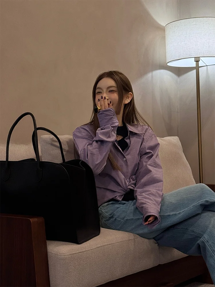 

Женская хлопковая рубашка Slim Fit с длинным рукавом для ранней осени, для работы и повседневной носки, в корейском стиле, дышащая, комфортная, укороченная