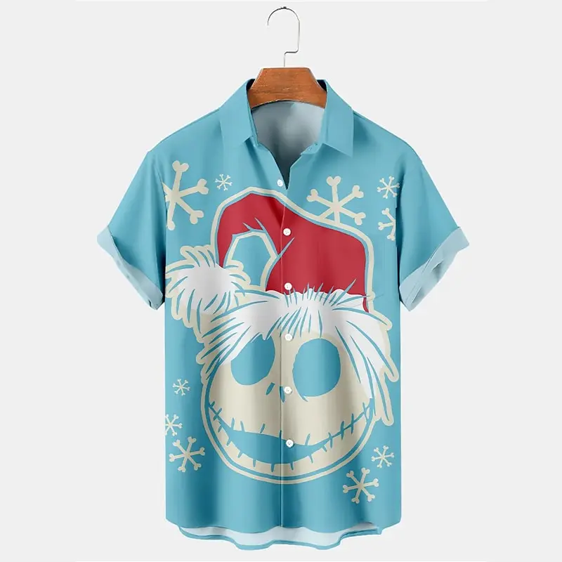 Ugly Christmas Skull Print Men\'s Shirt Outdoor Christmas Men\'s Lapel Top Street Fall Short Sleeve Plus Size Men\'s Shirt