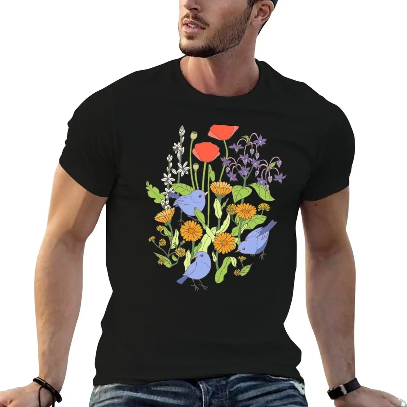 Birds and Wild Blooms T-Shirt oversizeds anime clothes mens t shirts pack