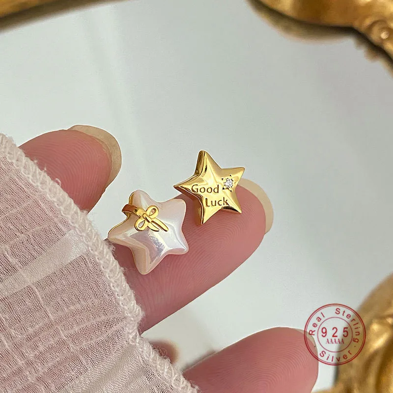 Creative Asymmetric Shell Star Stud Earrings Women 925 Sterling Silver Lucky Bow Light Luxury Charm Jewelry