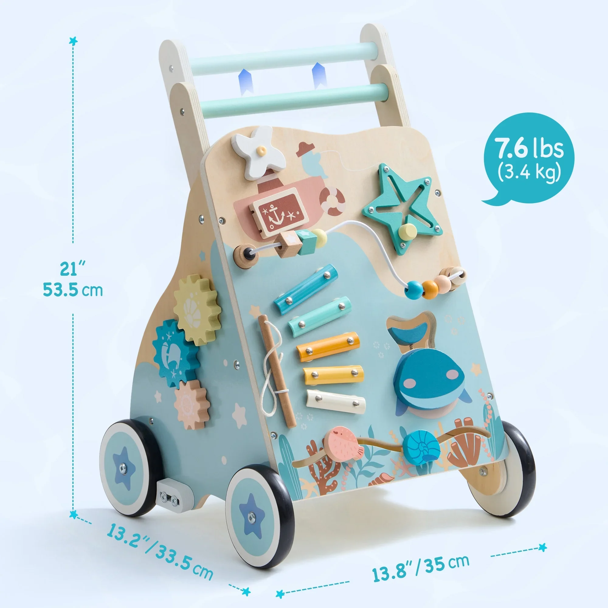 Robotime Robud Ocean-Themed ไม้ Baby Walker พร้อมล้อ Sit-to-Stand ศูนย์กิจกรรม Push ของเล่นสําหรับเด็กวัยหัดเดินสําหรับชายและหญิง