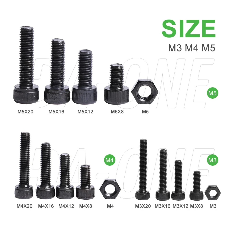 415/425P Allen Screws Nuts Assortment Kit M3 M4 M5 Socket Round Flat Cup Head 10.9/12.9 Black Screw Hex Nut Washers Set Tool Box