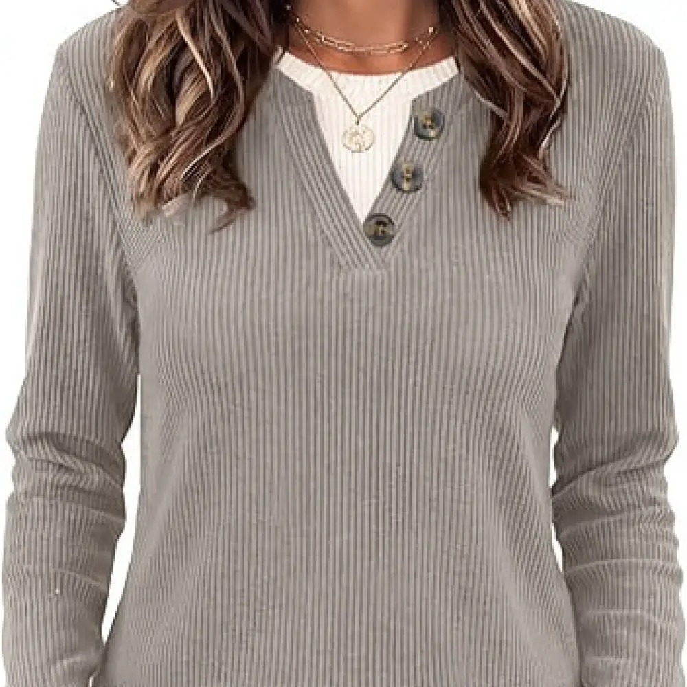 Casual Women Long Sleeve T Shirt Loose Fit Contrast Button Round Neck Autumn Winter Fashion Soft Comfortable Top