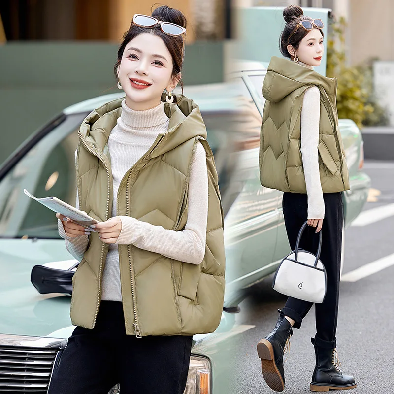 2024 Winter New Down Vest Women Casual Hooded Autumn Warm Sleeveless Waistcoat Jacket Female Cotton Vest Parkas Chaleco Mujer