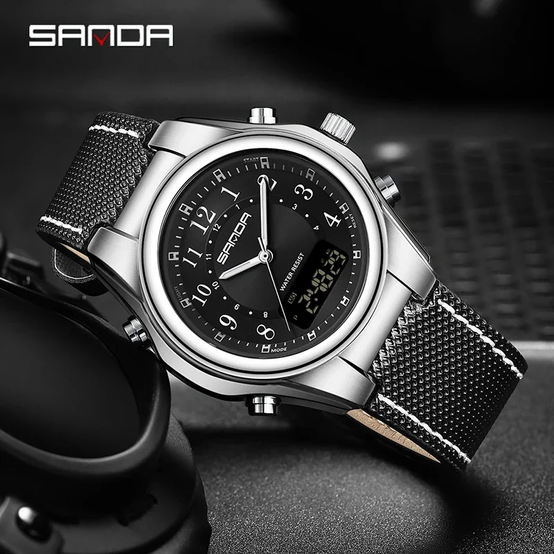 SANDA-Montre de sport pour hommes, bracelet en acier inoxydable, quartz, chronomètre, chronographe, étanche, électronique, montre-bracelet