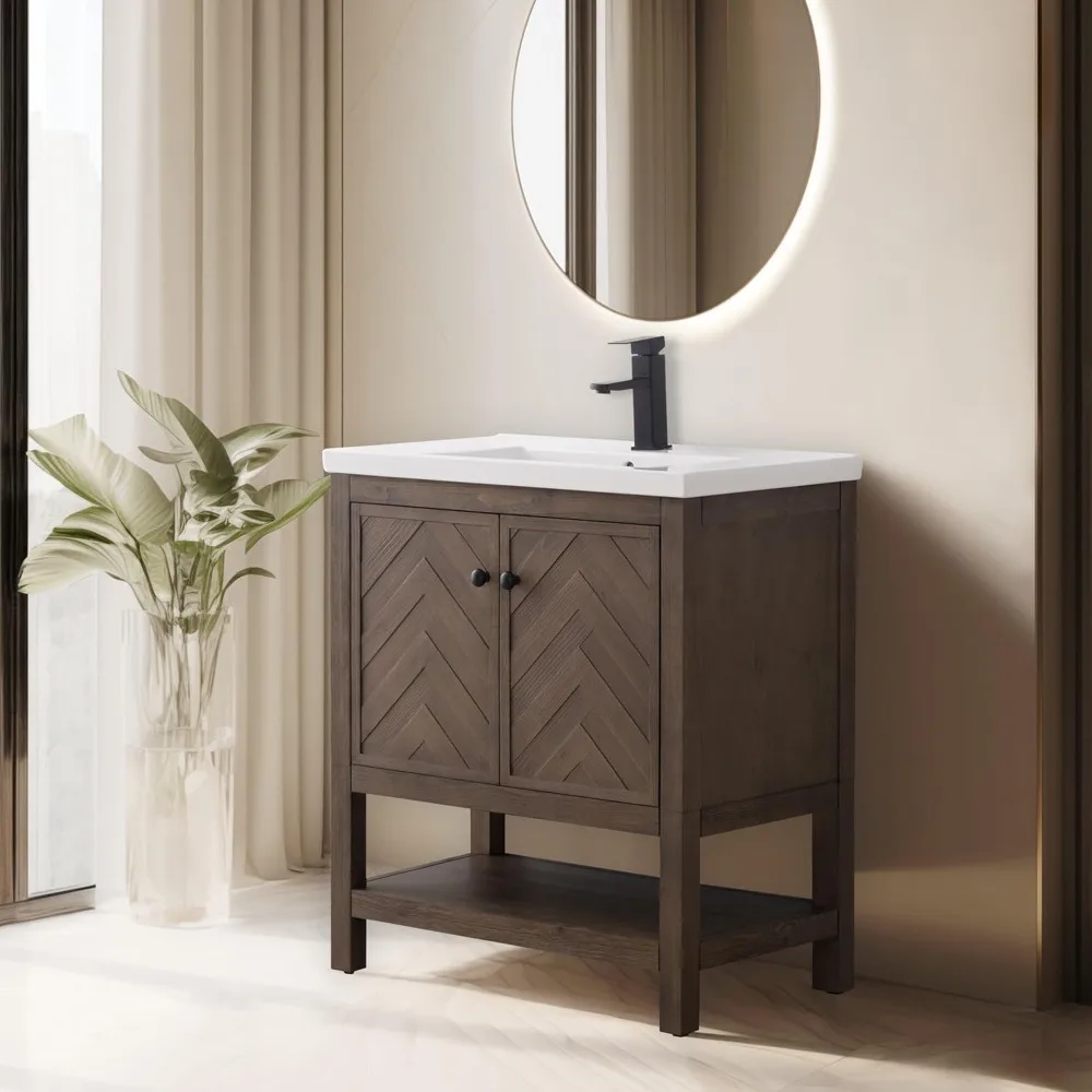 "24-30" Bath Vanity Set - Integrated Porcelain Sink, Complete Storage Cabinet for Bathroom"