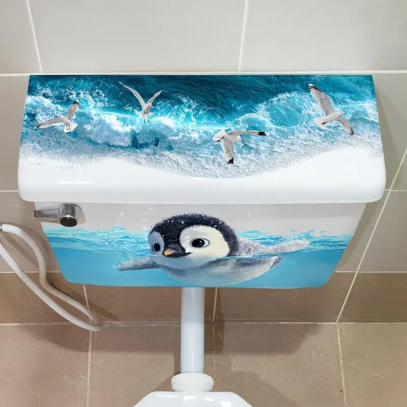 【MA】Cute Swimming Penguin Toilet Sticker Toilet Lid Tank Sticker Bathroom Wall Sticker Self-Adhesive Removable Decals Home Decor