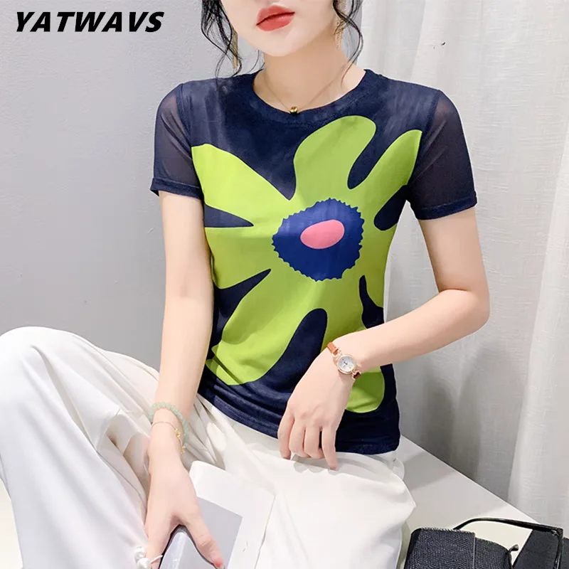 Summer Women Mesh Short Sleeve T-Shirts New Chic Flower Print Tops Shirts Elegant Girl High Stretch Slim Tees Blusas