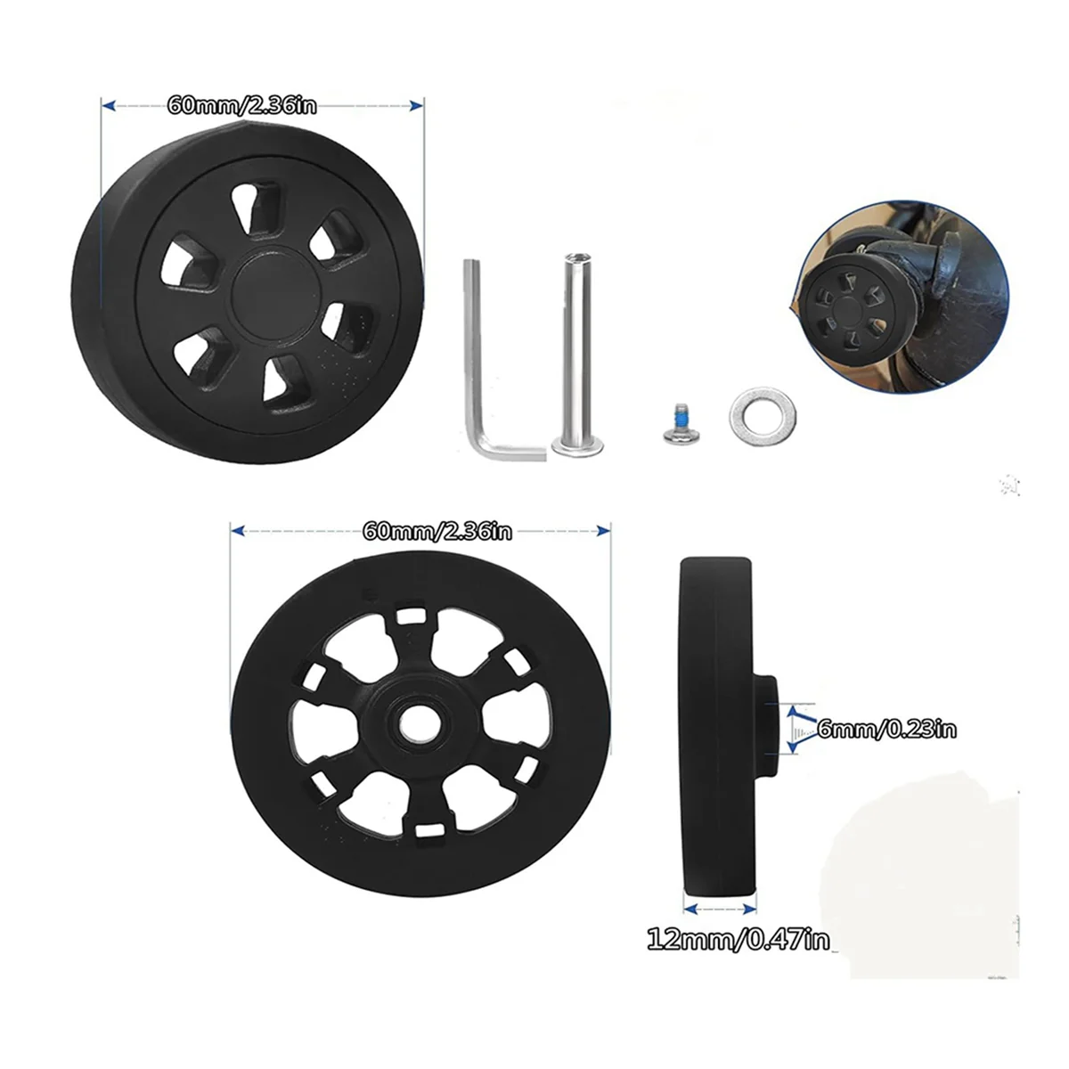Ruote per valigia da 16 pezzi di ricambio, ruote per bagagli con rotelle mute in gomma resistente da 0,47 pollici/60 mm di spessore 0,47 pollici/12 mm A
