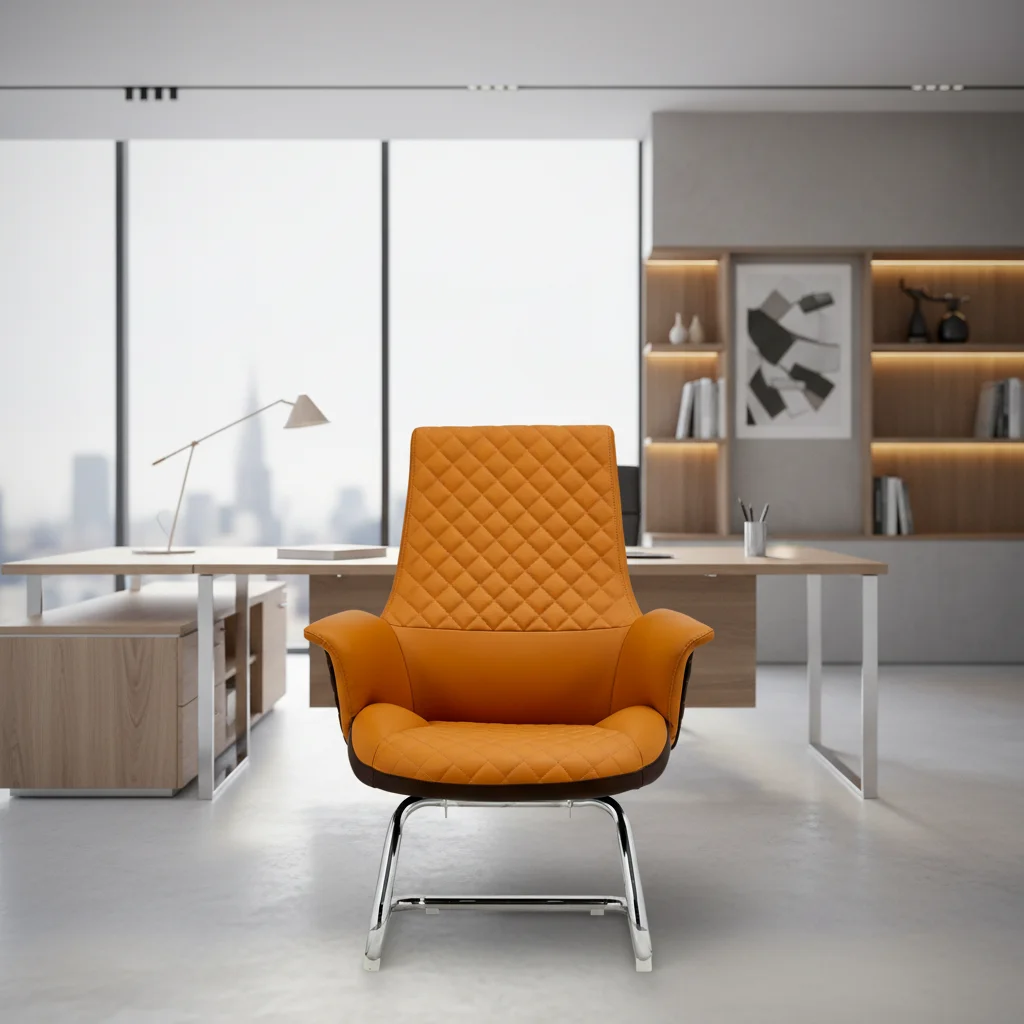 Factory Direct Modern Mid-Back Executive Leather Office Chair Adjustable Height | Orange Brown Color Block Fixed Workshop Hotel