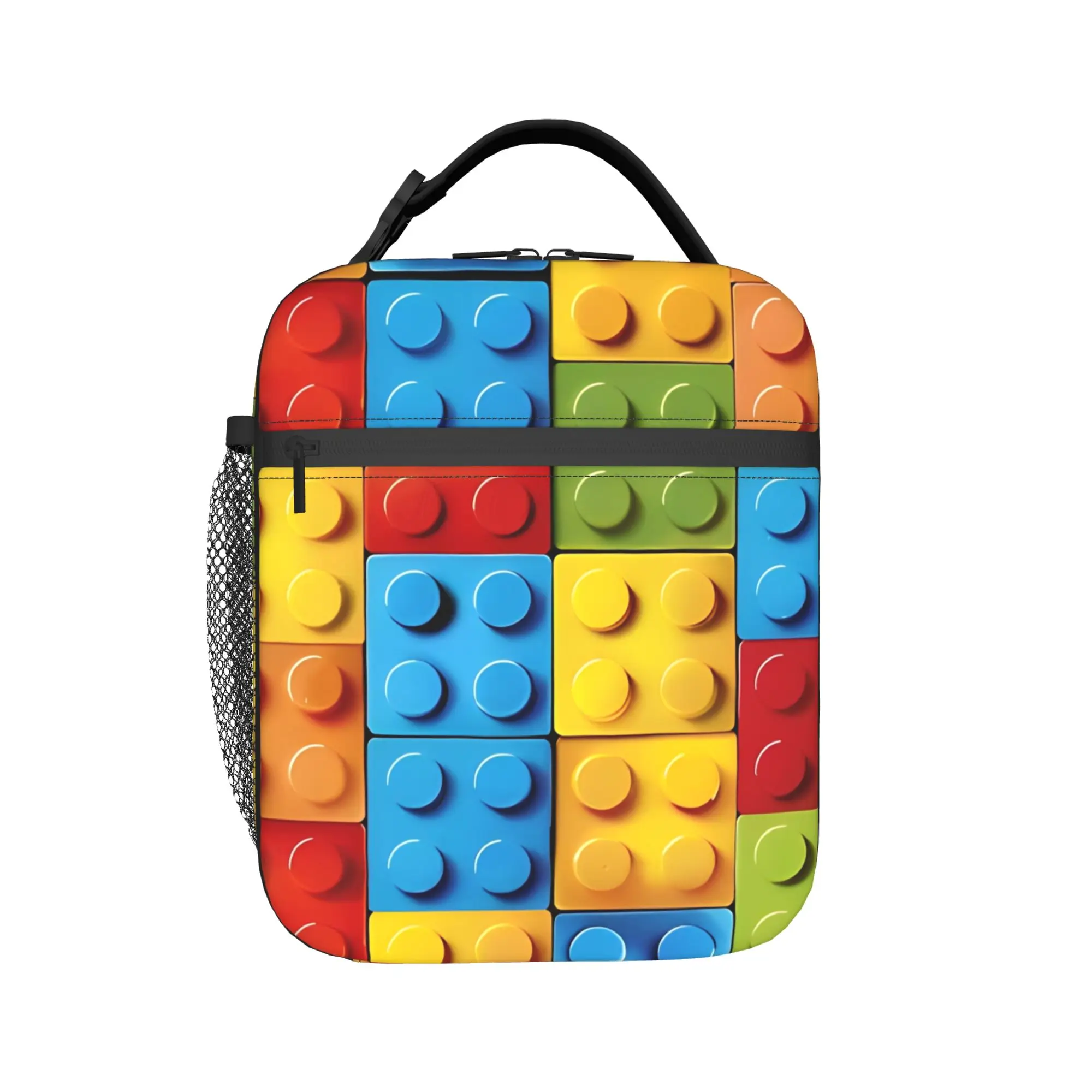 Insulated Lunch Box Colorful Building Blocks Accessories Building Brick Pattern Lunch Thermal Cooler Lunch Box For School