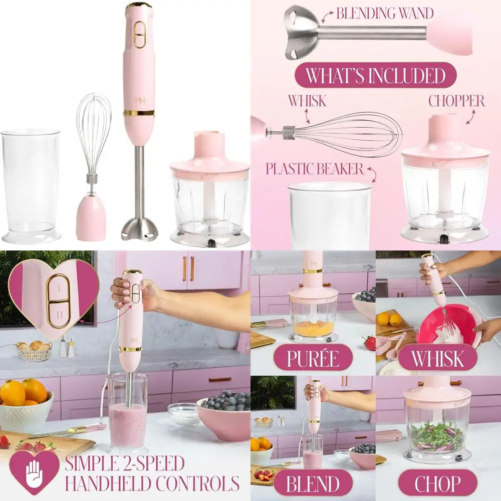 

Набор высокоскоростных погружных блендеров 3-в-1 с насадками для взбивания, измельчения и смешивания, 400 Вт, розовый с золотистой отделкой — идеально подходит для приготовления смузи.