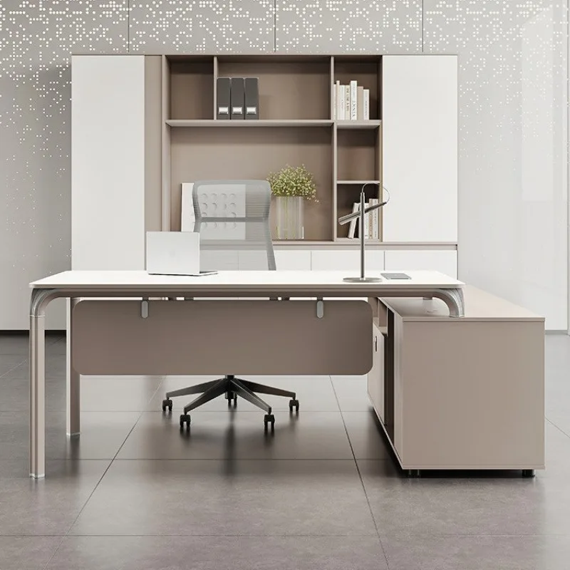 Modern Executive Office Desk and Chair Set, Luxury CEO Manager Table with Wood Grain Finish for Business Project