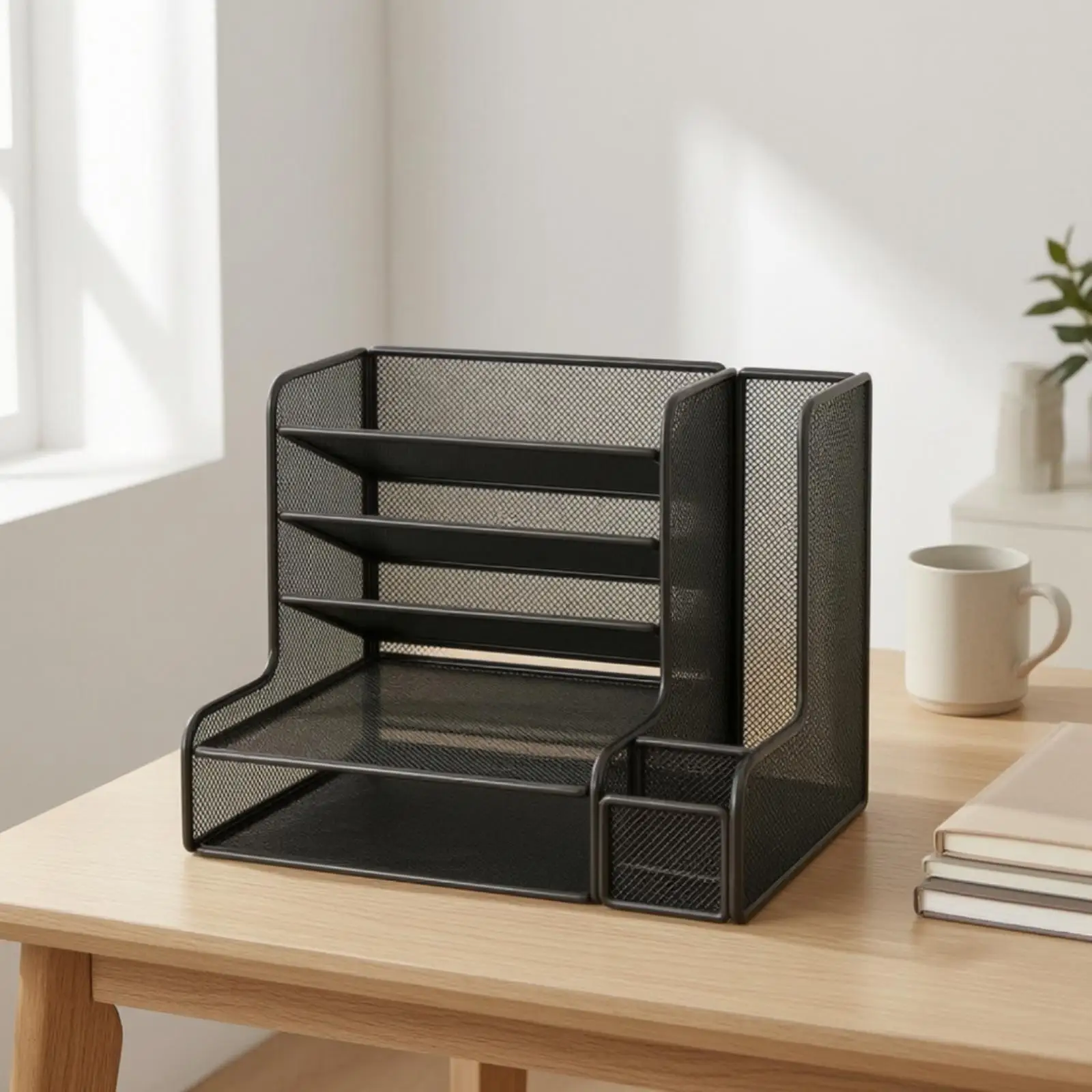Mesh Desk Organizer with Side Compartment Industrial Paper Tray Modern for Study