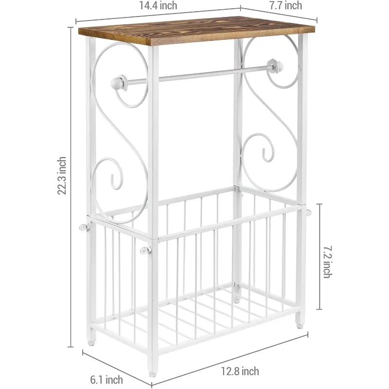 Metal Bathroom Table Stand Storage Shelf with Dual Toilet Paper Holder, Magazine Basket and Scrollwork Design