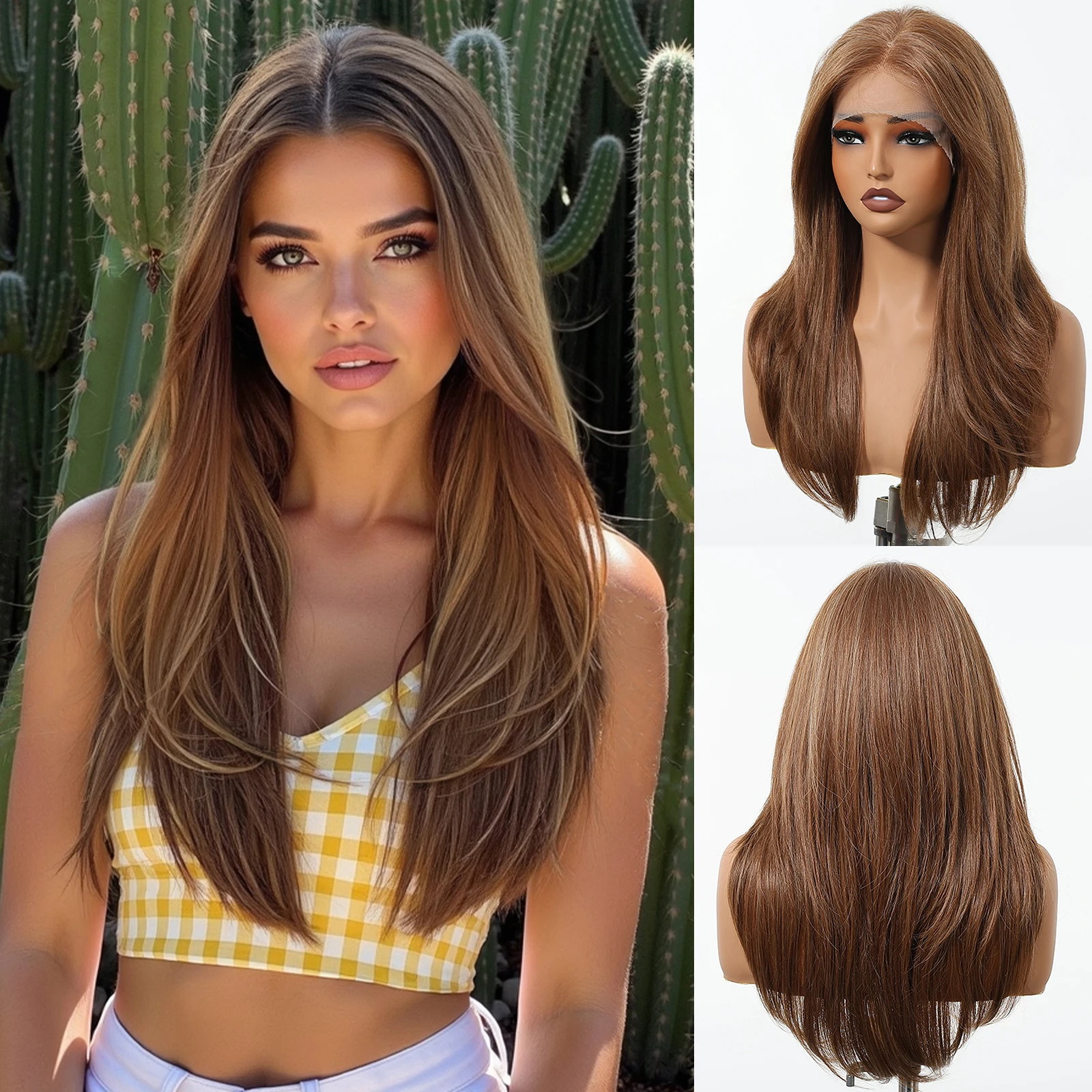 

ALAN EATON Honey Brown Lace Synthetic Wigs Long Natural Straight Middle Part Wig for Women Daily Party Use Heat Resistant Fiber