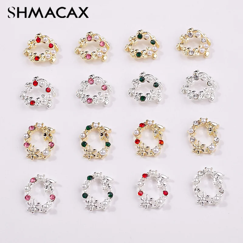 5Pcs Mocha Flower Wreath Pearl Zircon Nail Art Charms Rhinestone Christmas Wreath Design Crystals Jewelry Nail Art Decoration