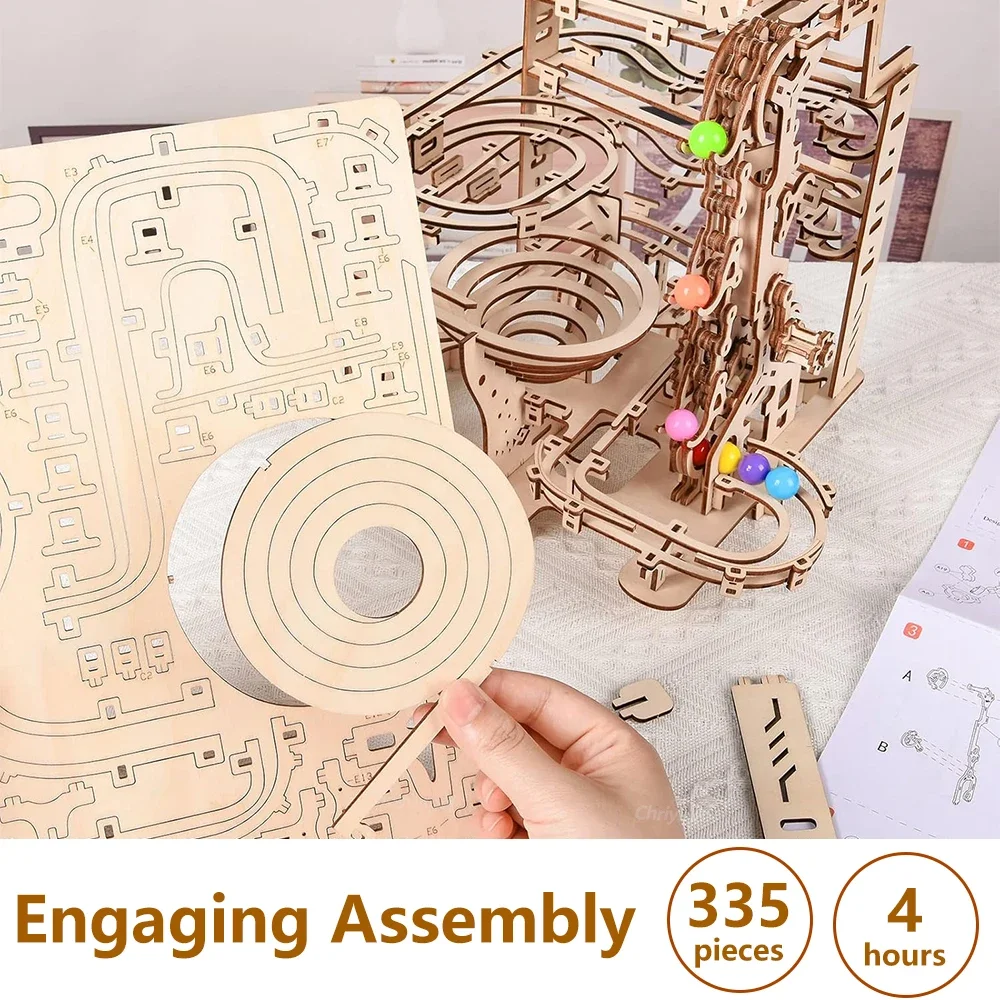 3D Wooden Puzzle DIY Assembly  Building Kits Mechanical Model Marble Run Set Craft STEM Kit Home Craft Gifts Adults Kids