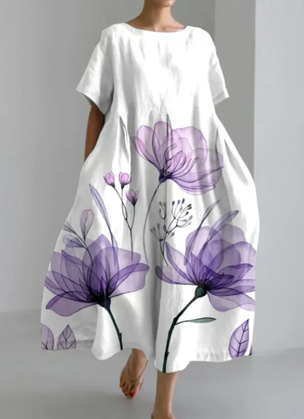 

2026 Women's Loose Round Neck Fashionable Printed Dress Elegant Atmosphere Maxi Skirt Style Casual Comfortable Gown
