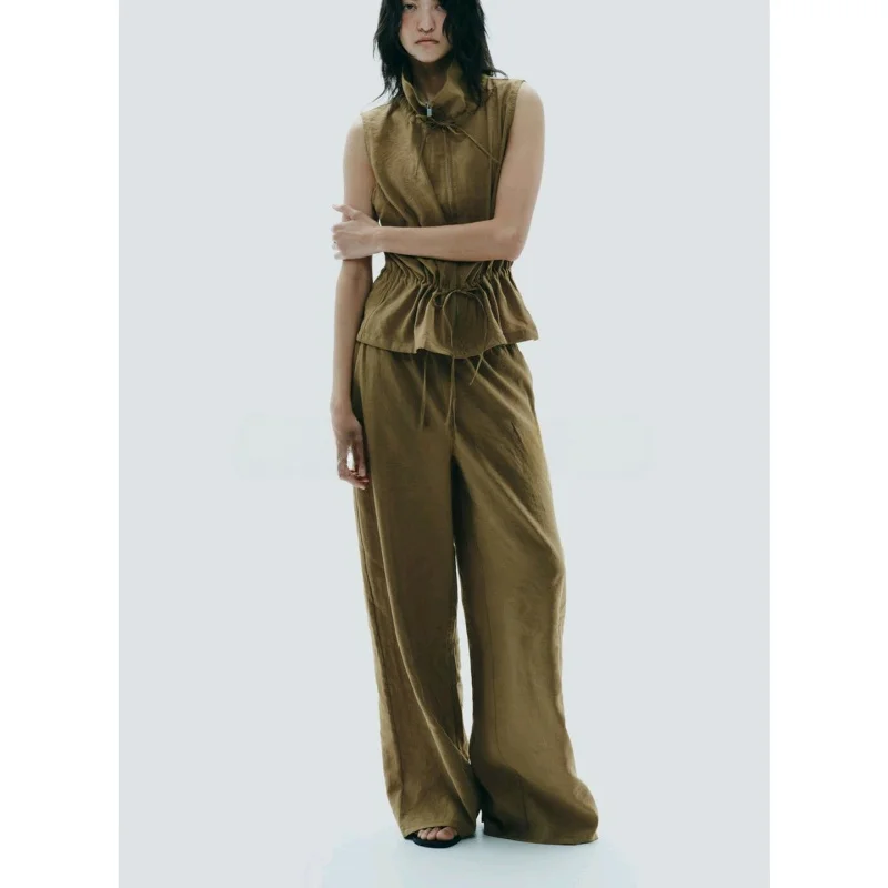 Conjunto de Moda Fena de Verão com Colete Sem Mangas de Gola Alta Ajustável e Calças de Cintura Alta com Pernas Largas