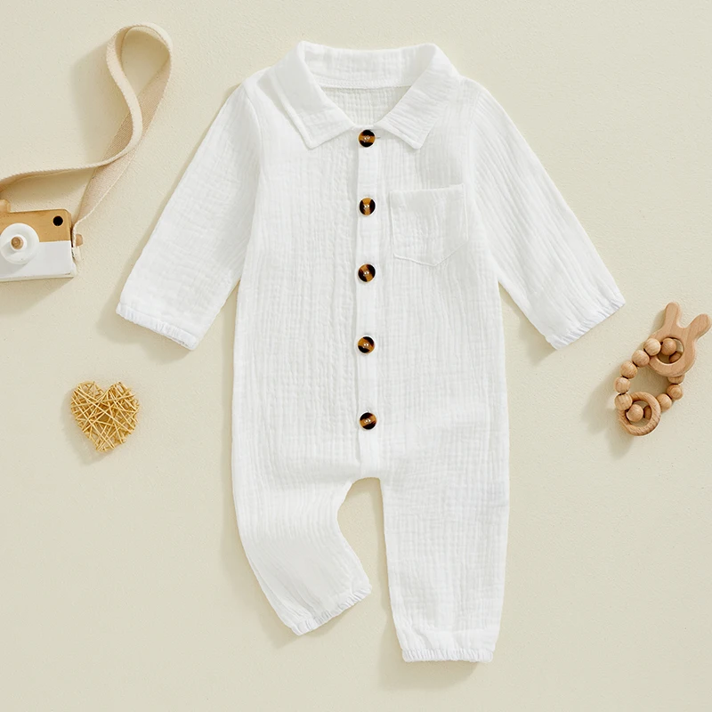 Baby Boy Casual Romper Long Sleeve Solid Bodysuit Cotton Linen Jumpsuit Collared Infant 1-Piece Outfit