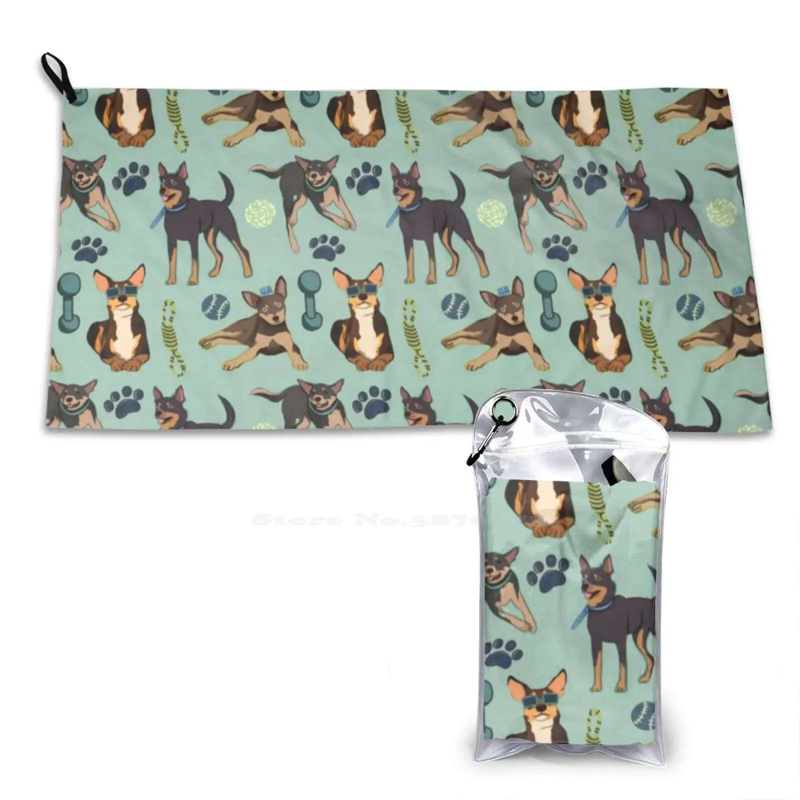 Australian Kelpie-Cute Tan And Black Dog Illustration Pattern 3D Print Quick Dry Towel Sport Soft Towel Tan White Black Mint