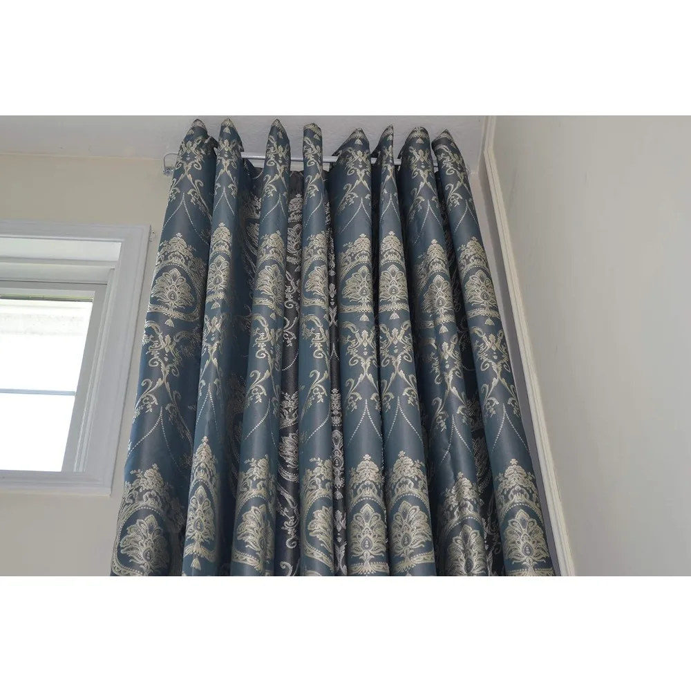 Tende jacquard extra lunghe blu grigio con motivo reale argento/oro, larghezza 100, lunghezza 16-18 piedi per installazione superiore con passacavo
