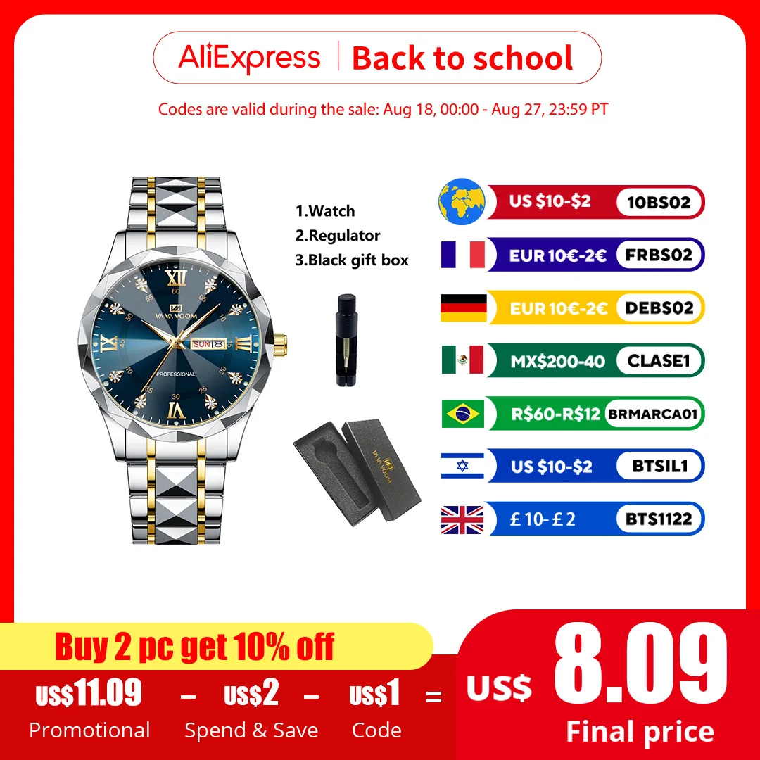 

VA VA VOOM Brand Men Watch Rhinestone Luxury Week Quartz Movement 41mm Blue Gold Stainless Steel Fashion Business Watches Reloj