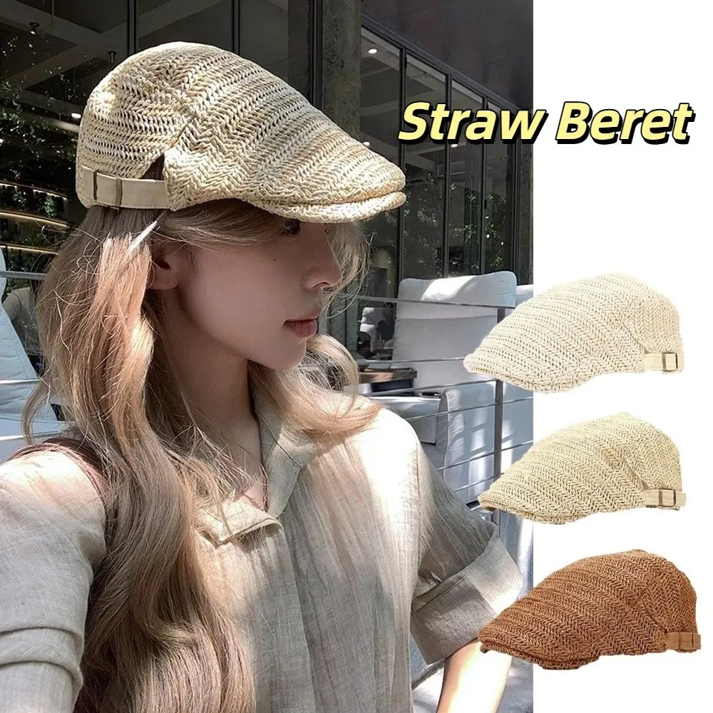 

Fashion Hollow Straw Beret Vacation Beach Straw Newsboy Cap Adjust Flat Painter Beret Unisex
