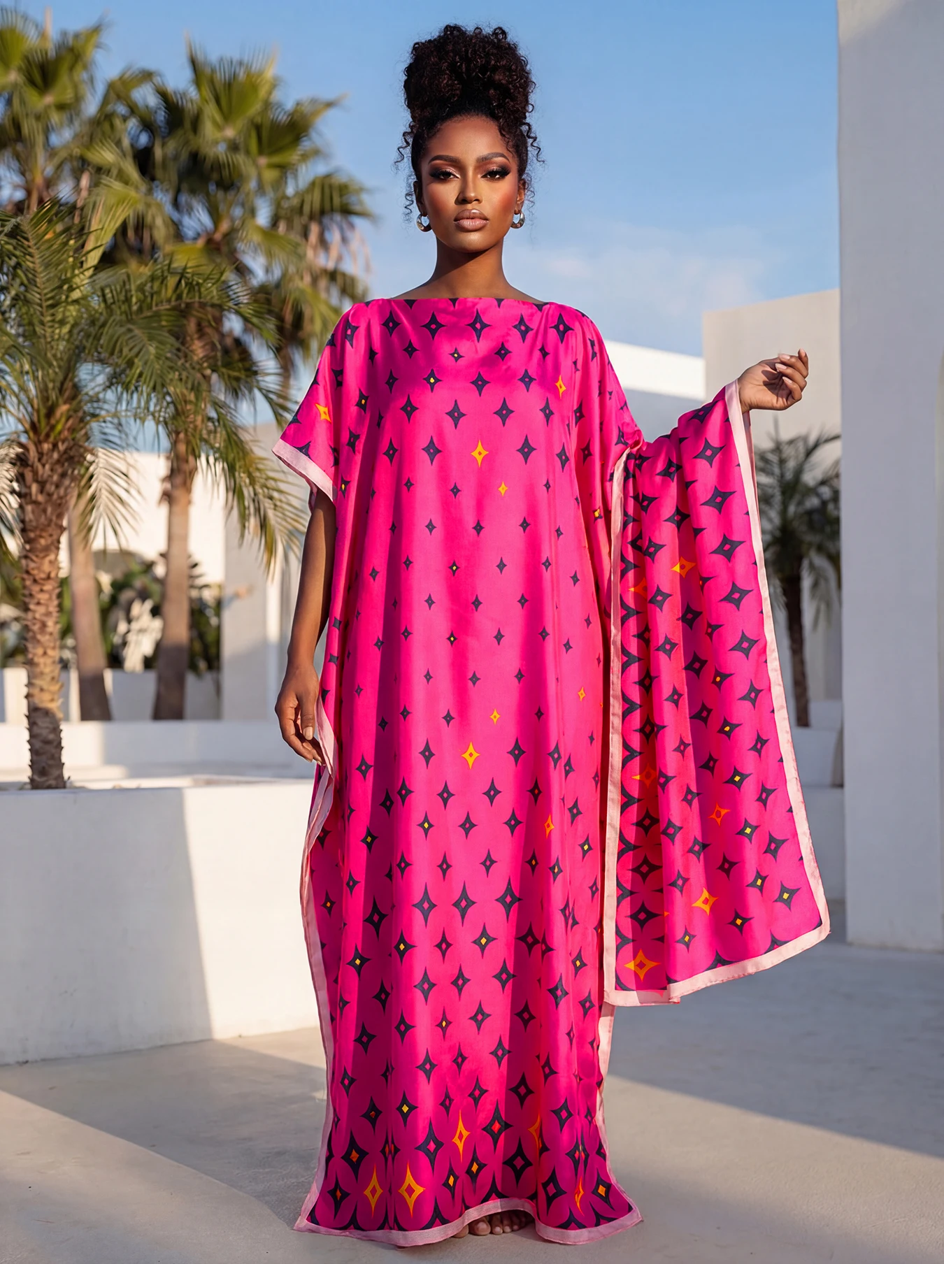 New Style Long Loose Silk Blend Beach Cover up Dress Middle East Pattern Printed Elegant Long Robe Dress for Women - view 6