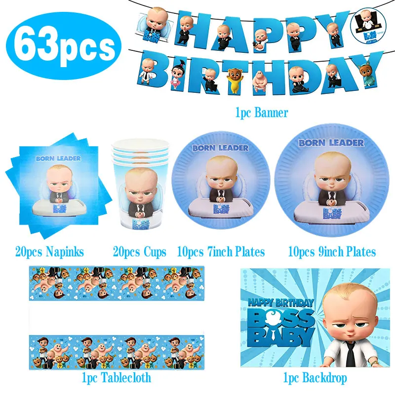 Blaues Little Executive Baby B-BOSSED Duschparty-Dekorationsset mit Einwegteller, Bechern, Servietten, Banner und Ballons für Geburtstagsfeiern – Detail 3