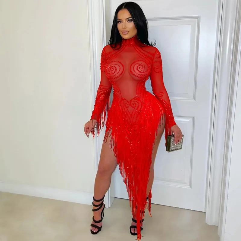 KEXU New Round Neck Polyester Mesh Splicing Beads Tassel Perspective Hot Stamping Dress Irregular Sheer Maxi Party Dress