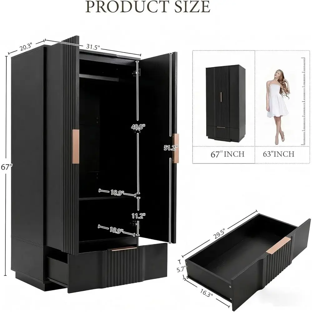 67 Luted Armoire Wardrobe Closet with Drawers and Doors, Wooden Wardrobe Cabinet with Adjustable Shelves, Storage or Clothes, Co