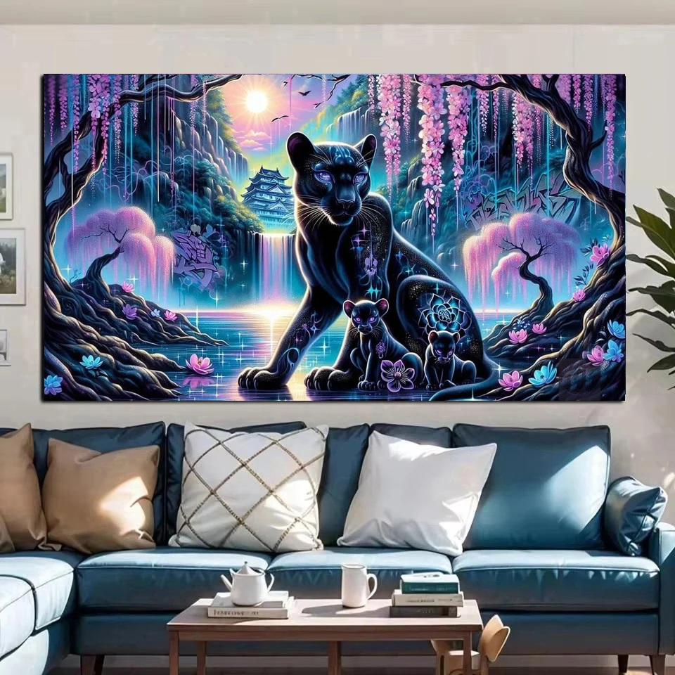Black Panthers and Cubs Fantasy Waterfall Landscape Animal DIY 5D Diamond Painting New 2025 Full Mosaic Diamond Embroidery Sale