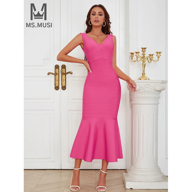 MSMUSI-vestido Midi ajustado sin mangas para mujer, prenda Sexy con cuello de pico, volantes, drapeado, vendaje, Bodycon, fiesta, evento, Club, 2024