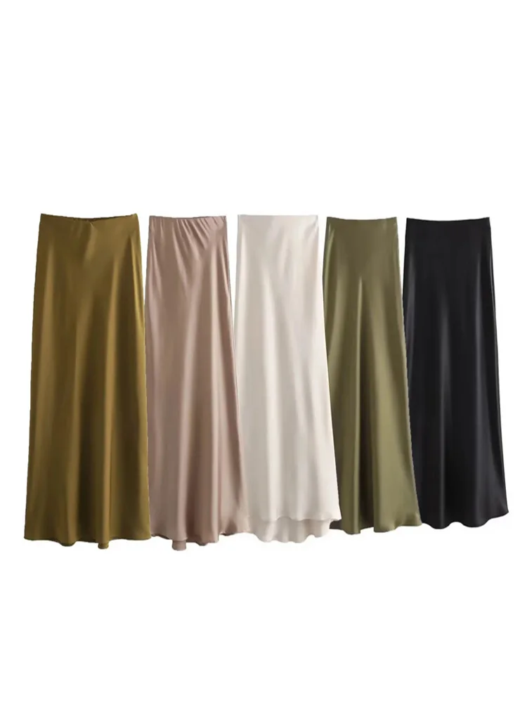 

Women Fashion Satin Solid Pleated Midi Skirt Vintage Mid Elastic Waist Female Chic Lady Skirts