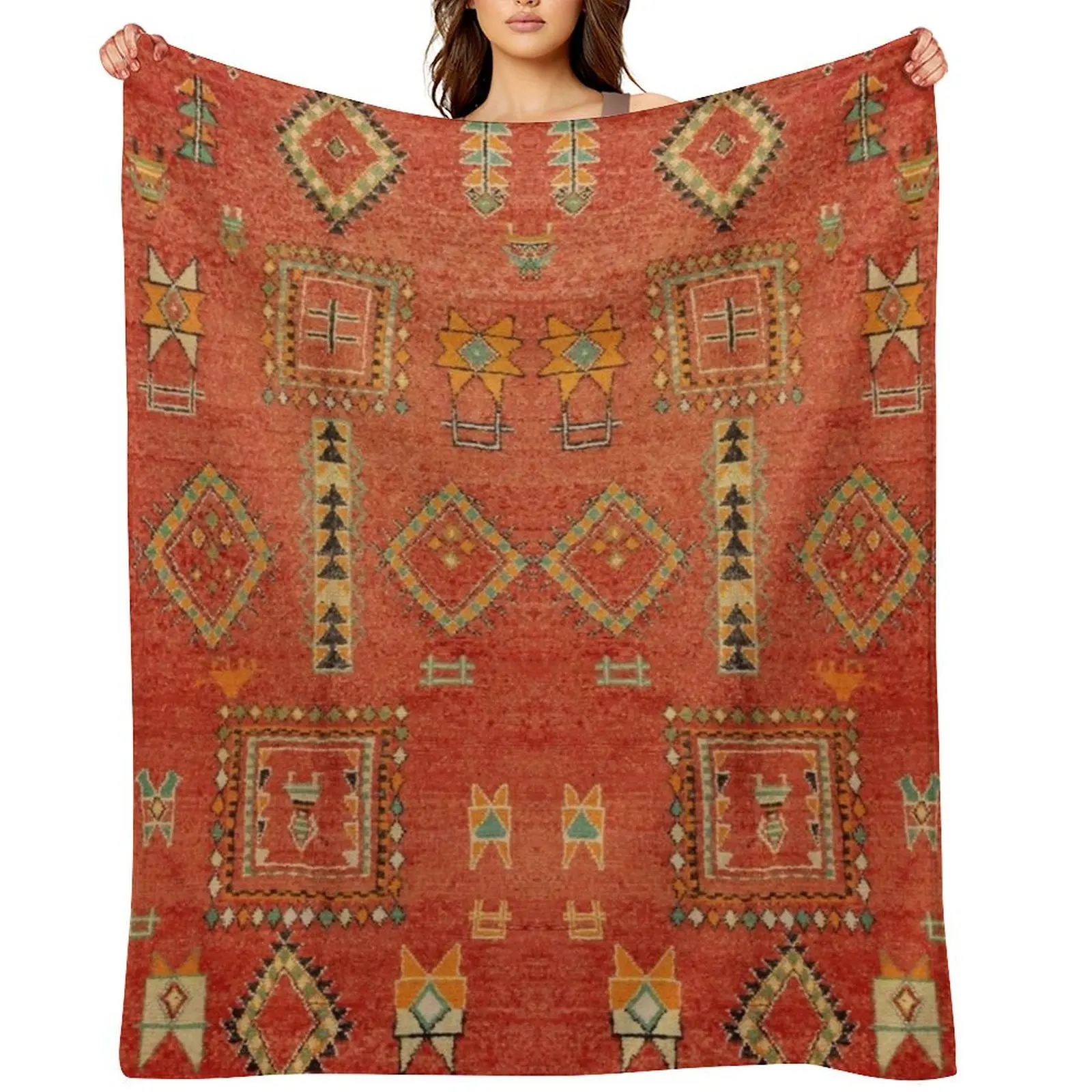 

Traditiopnal Oriental Moroccan Rug Design Throw Blanket Warm Flannel Fabric Shaggy Personalized Gift Blankets