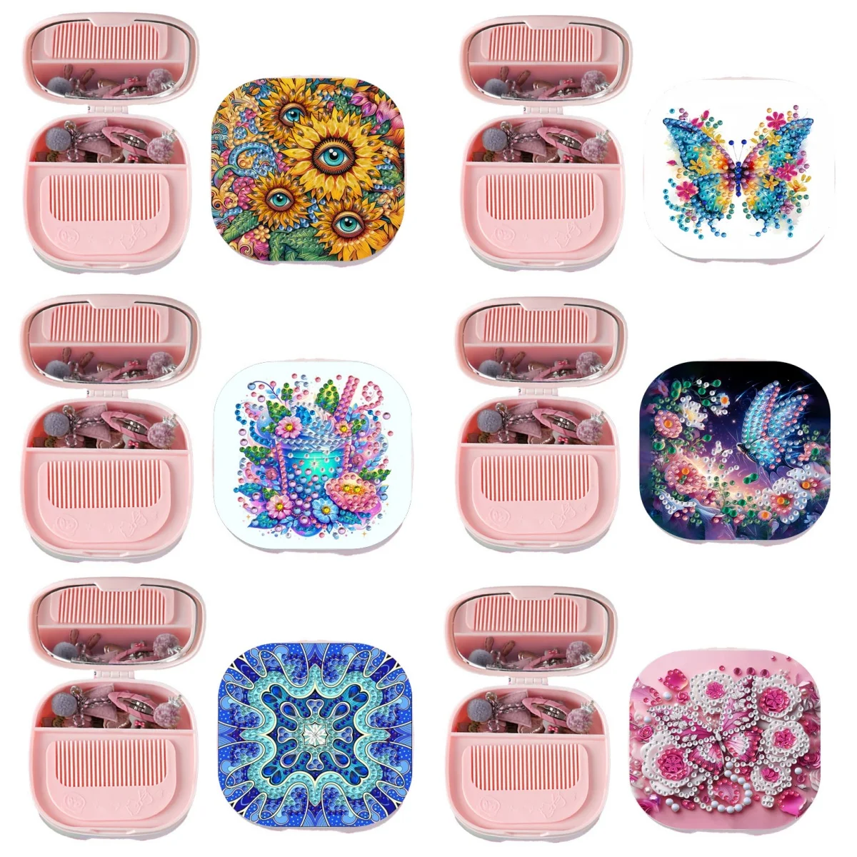 Caja de almacenamiento de joyería con pintura de diamante 5D DIY cuadrada, 1 Uds., con caja de maquillaje, espejo y peine, patrones florales de ensueño