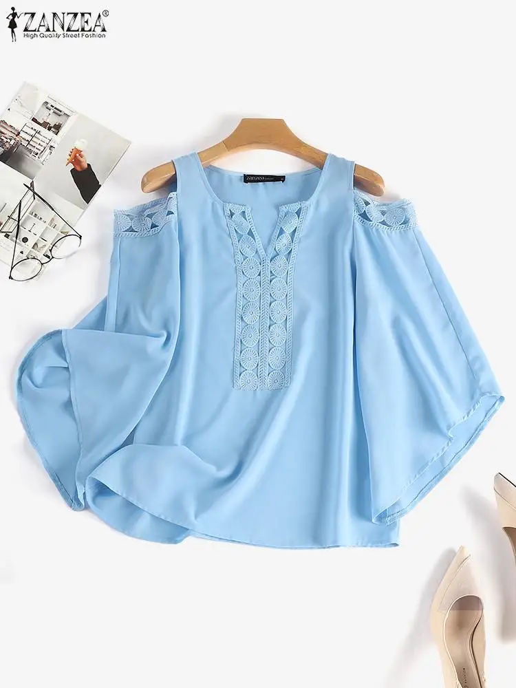 ZANZEA 2023 Summer Cold Shoulder Blusas Fashion Lace Trim Blouses Women Casual 3/4 Sleeve O-neck Shirts Holiday Solid Color Tops